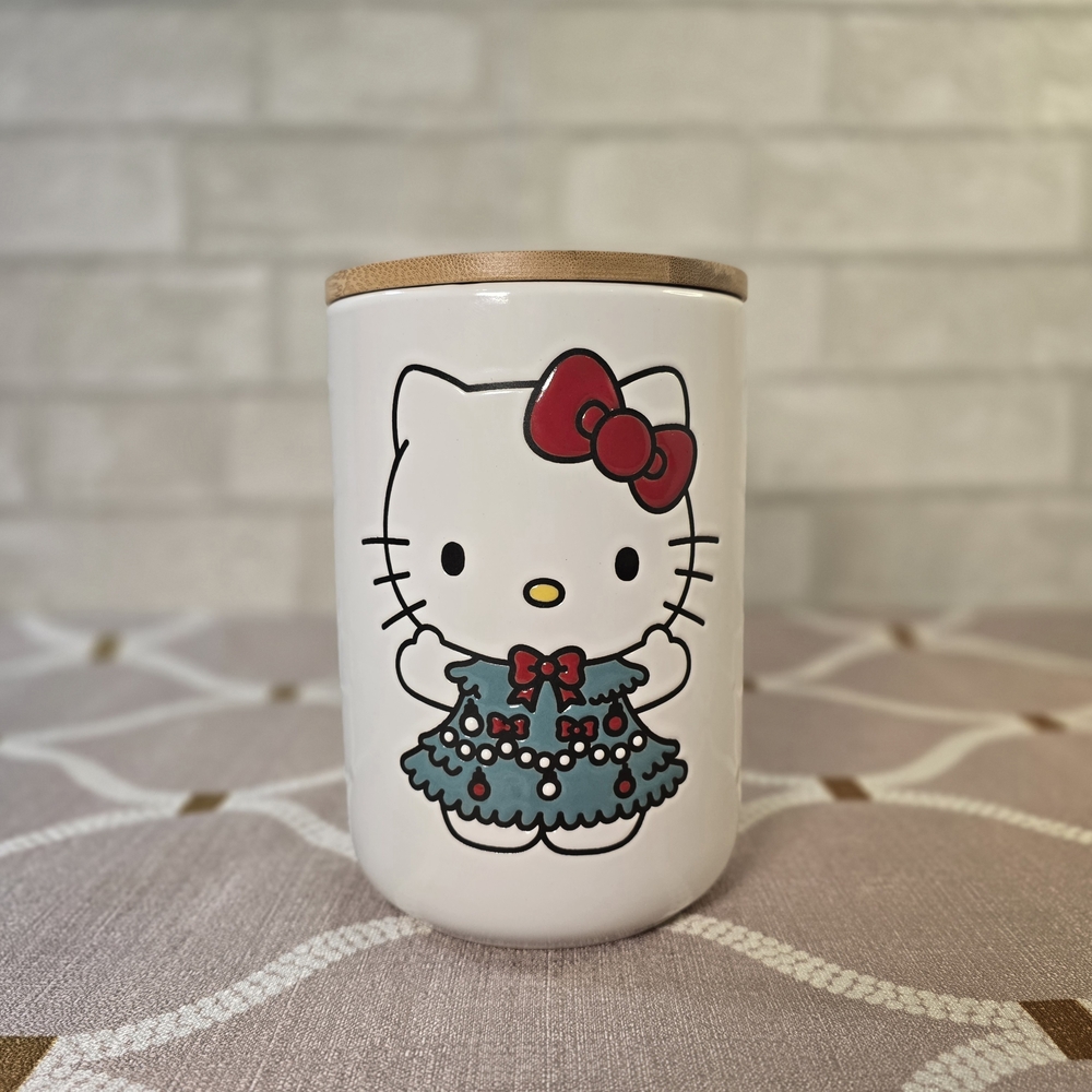 Hello Kitty White Christmas Tree Dress Holiday Ceramic Canister Bamboo Lid